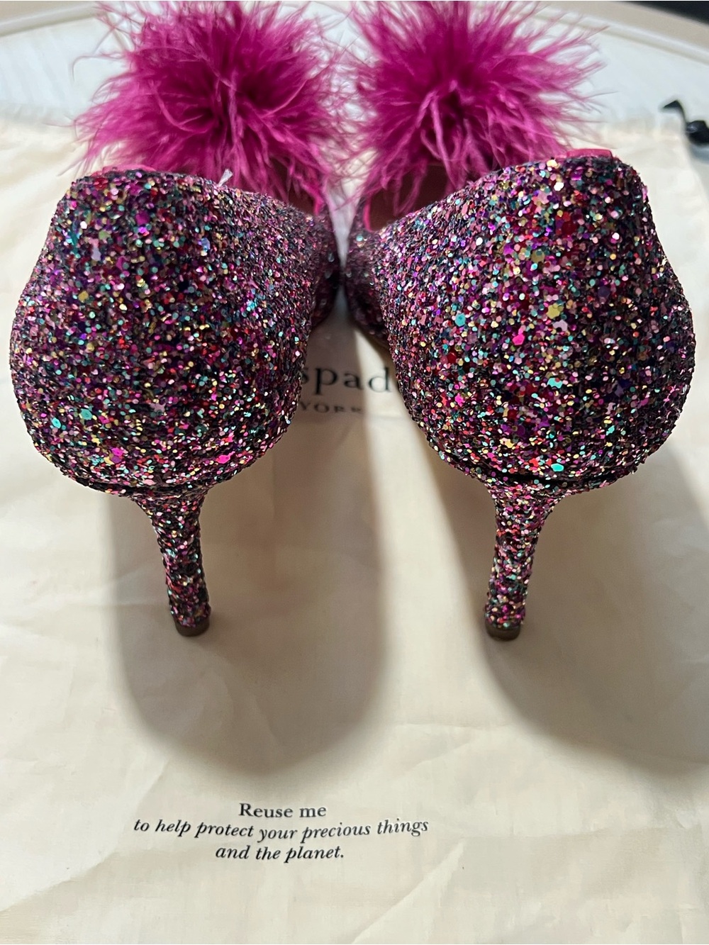 Kate Spade Marabou Glitter Dress Heels Fuchsia Feather Puff Statement Pumps 9.5 - Picture 6 of 12